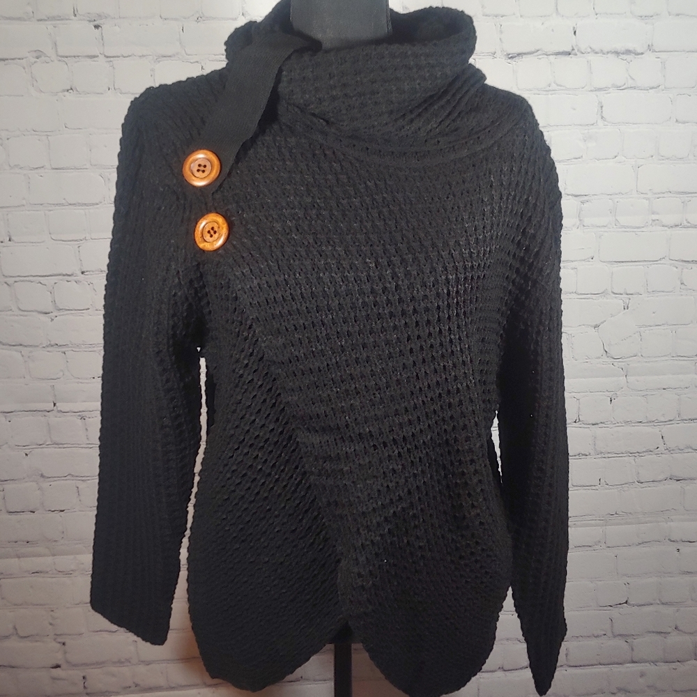 Zenana Waffle Cowl Neck Sweater Black